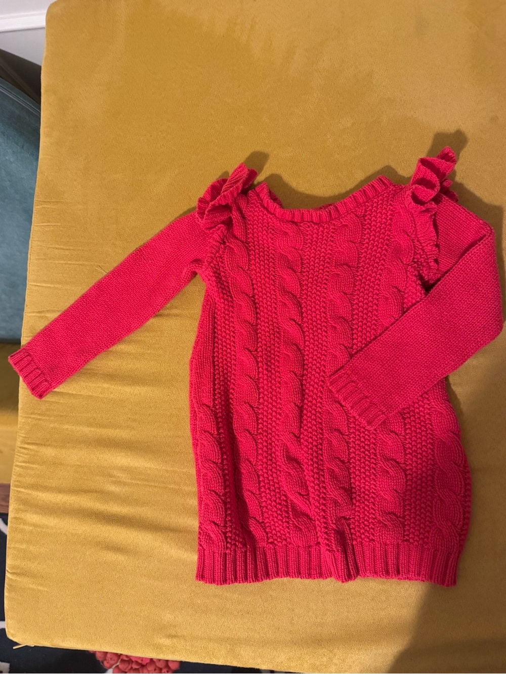 Toddler Cable Knit Ruffle Shoulder Sweater Dress